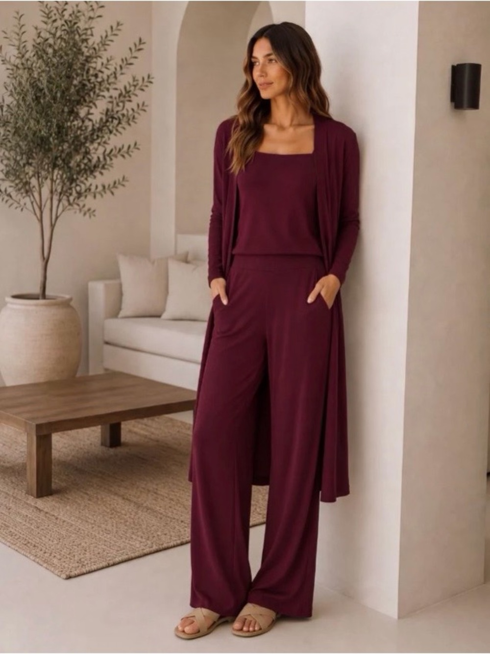 Women's Lounge Pants & Longline Cardigan 3 Piece Set - Burgundy